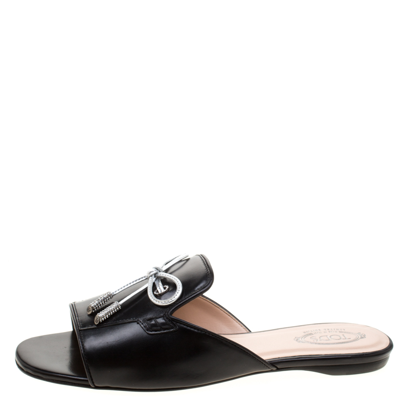 

Tod's Limited Edition Black Leather Crystal Embellished Bow Peep Toe Flat Slides Size