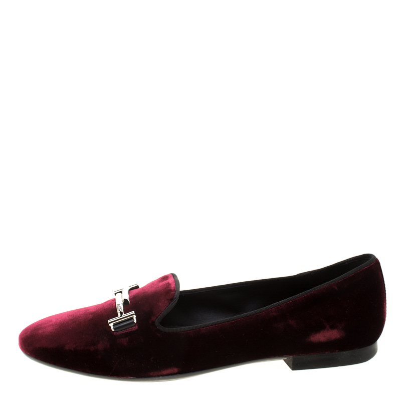 

Tod's Burgundy Velvet Double T Smoking Slippers Size