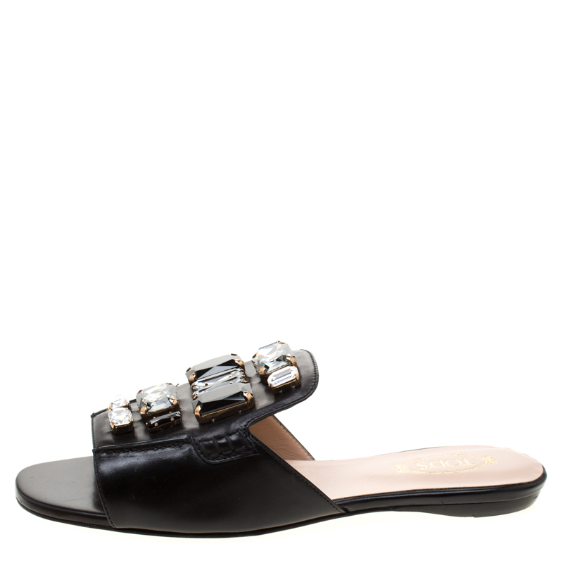 

Tod's Limited Edition Black Leather Crystal Embellished Peep Toe Flat Slides Size