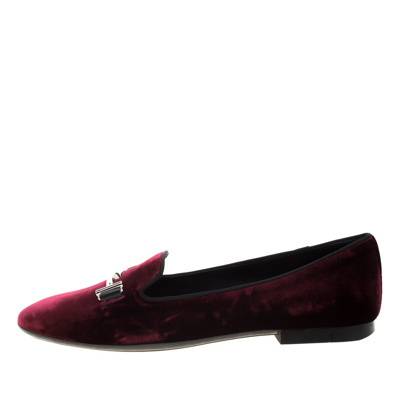 

Tod's Burgundy Velvet Double T Smoking Slippers Size