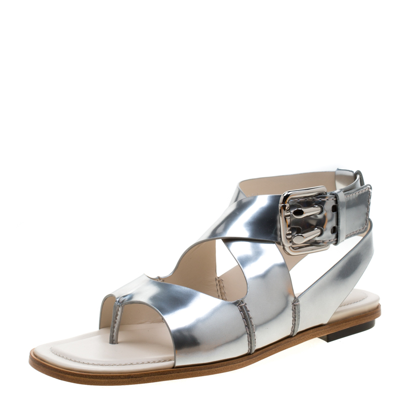 Tod's Metallic Silver Leather Cross Strap Flat Sandals Size 38