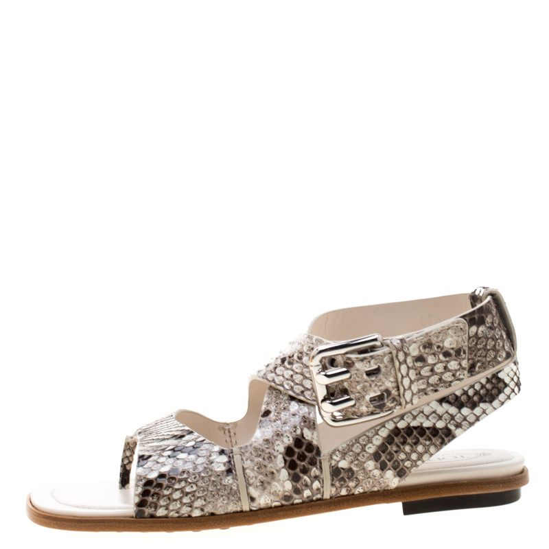 

Tod's Two Tone Python Leather Cross Strap Flat Sandals Size, Beige