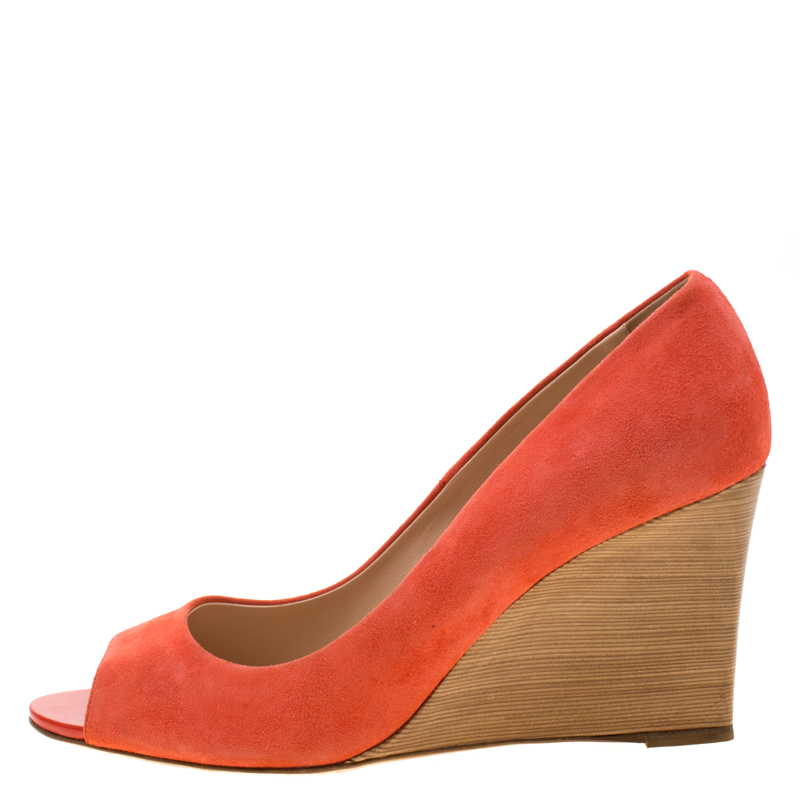 

Tod's Coral Suede Peep Toe Wedge Pumps Size, Pink