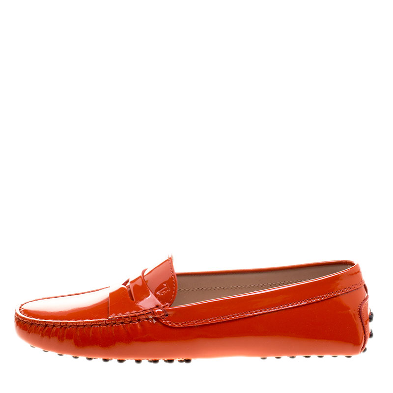 

Tod's Orange Patent Leather Penny Loafers Size