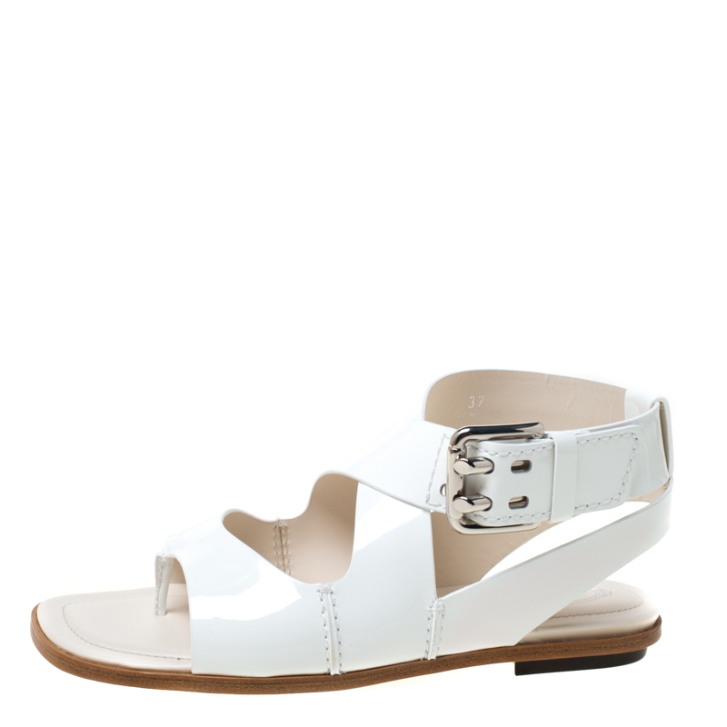 

Tod's White Patent Leather Cross Strap Flat Sandals Size