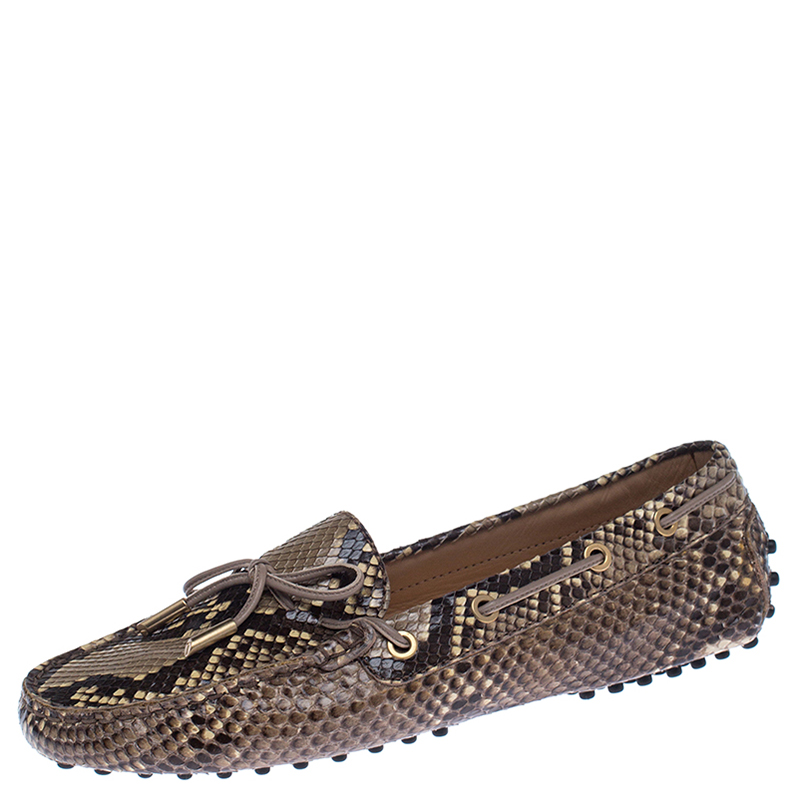 Pre Owned Tod's Brown/Beige Python Leather Gommino Bow Slip On Loafers Size 39