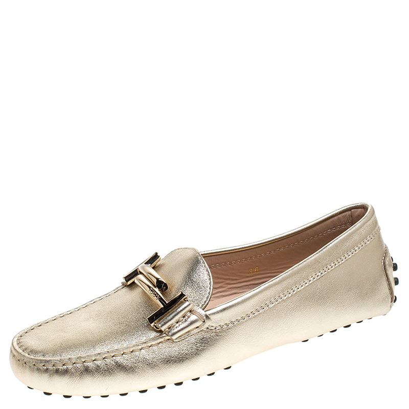 Pre Owned Tod's Metallic Gold Leather Double T Slip On Loafers Size 36