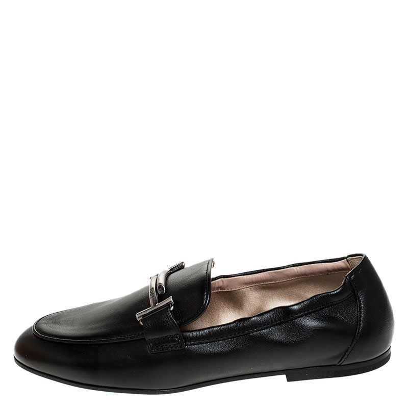 

Tod's Black Leather T Slip On Loafers Size