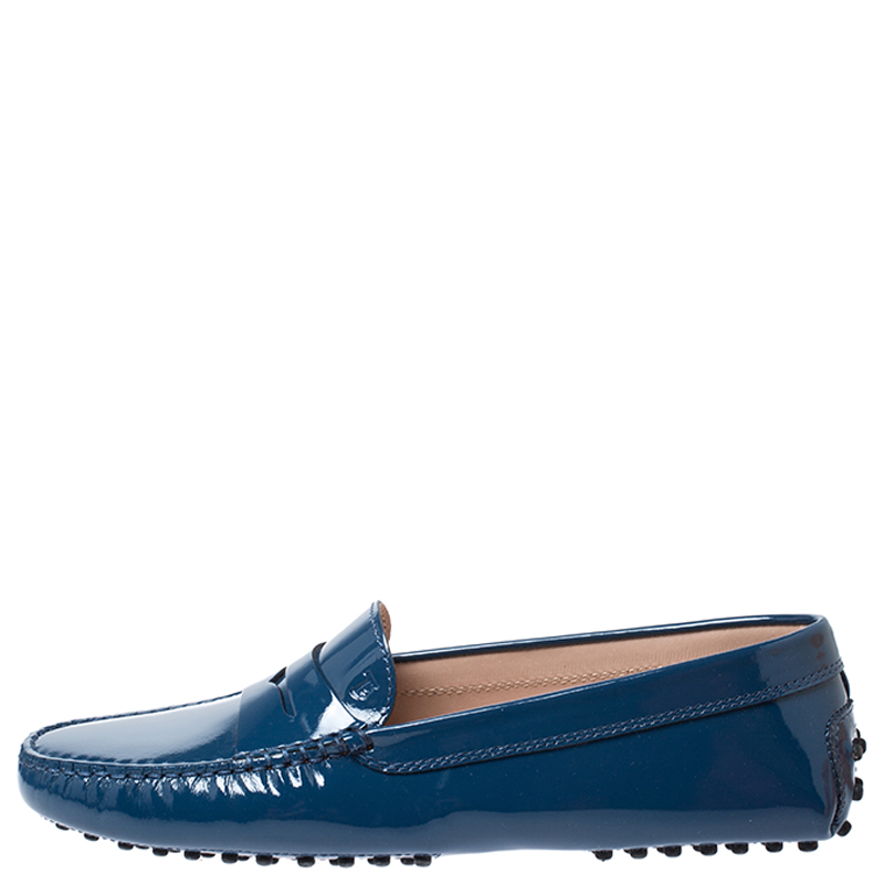 

Tod's Blue Patent Leather Gommino Penny Loafers Size