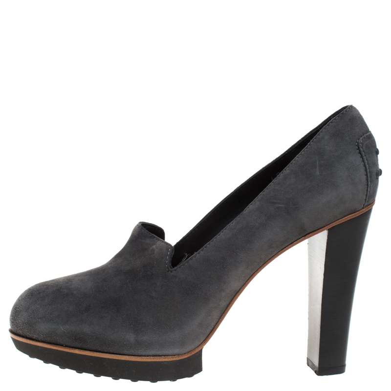 

Tod's Grey Suede Leather Block Heel Pumps Size