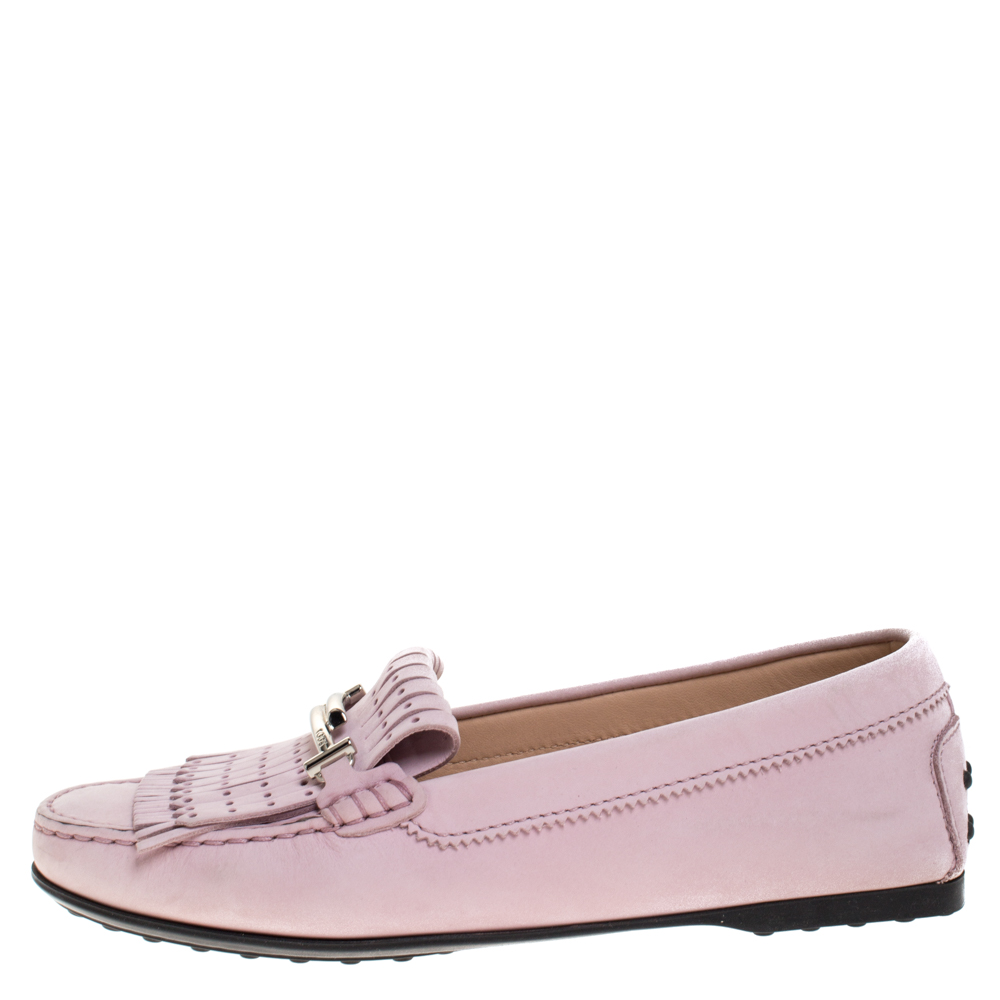 

Tod's Pink Nubuck Fringe Loafers Size