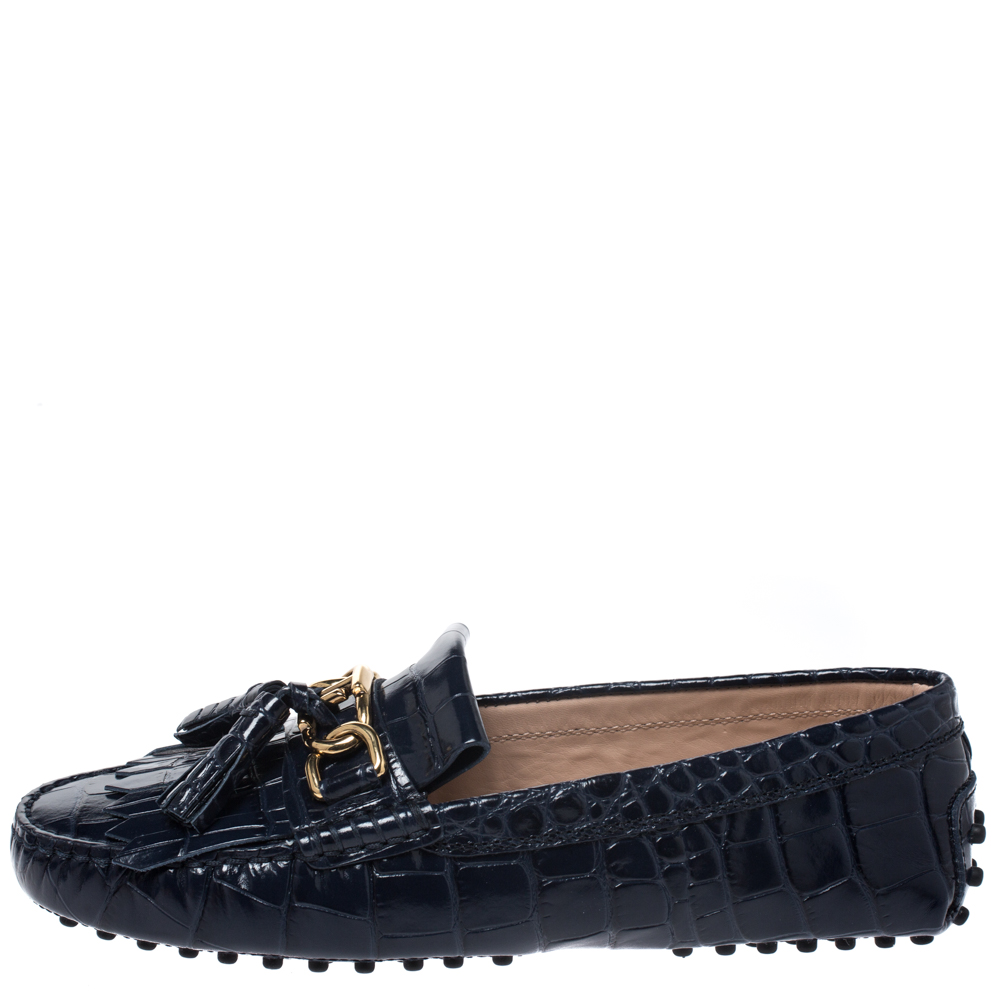 

Tod's Blue Croc Embossed Leather Tassel Fringe Loafers Size