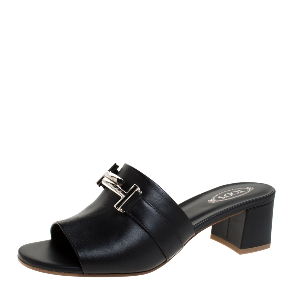 Pre Owned Tod's Black Leather Double T Open Toe Sandals Size 37.5