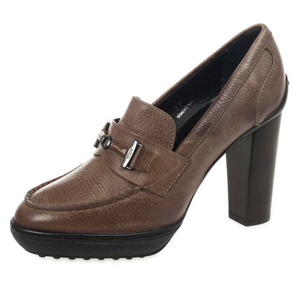 Pre Owned Tod's Brown Leather Wooden Heel Loafer Pumps Size 37