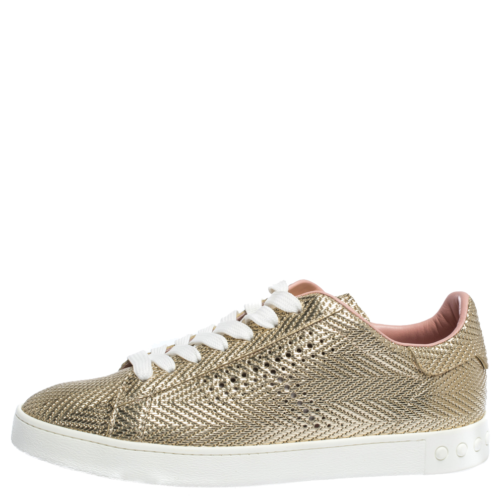 

Tod's Metallic Gold Woven And Perforated Leather Low Top Lace Up Sneakers Size