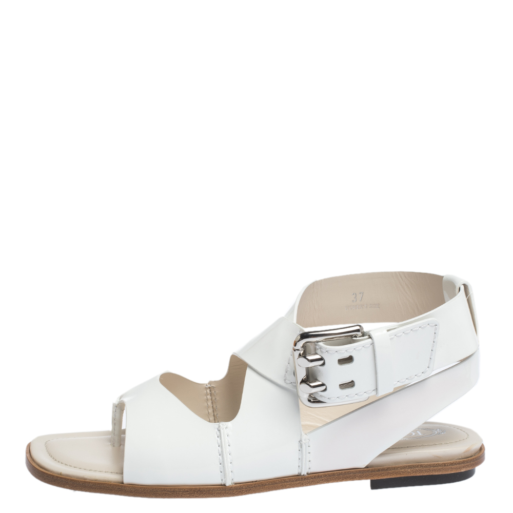 

Tod's White Patent Leather Cross Strap Flat Sandals Size