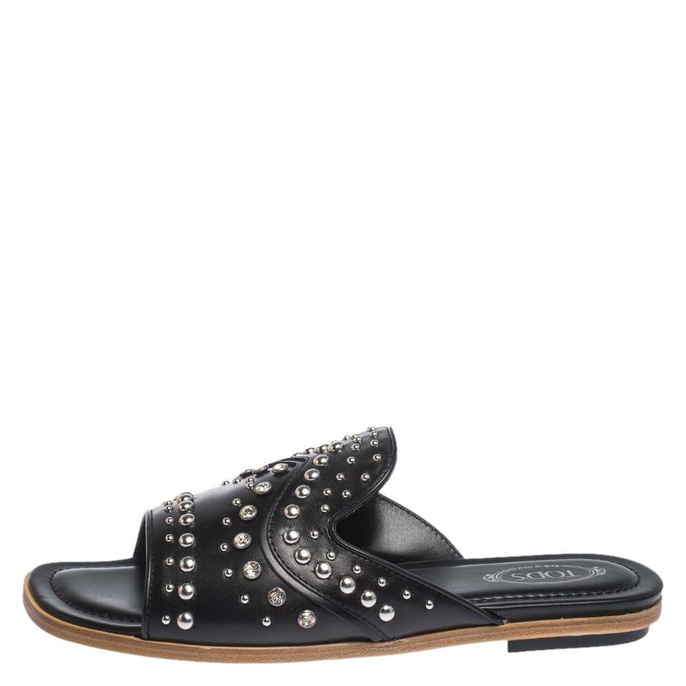 

Tod's Black Studded Leather Open Toe Flat Slides Size