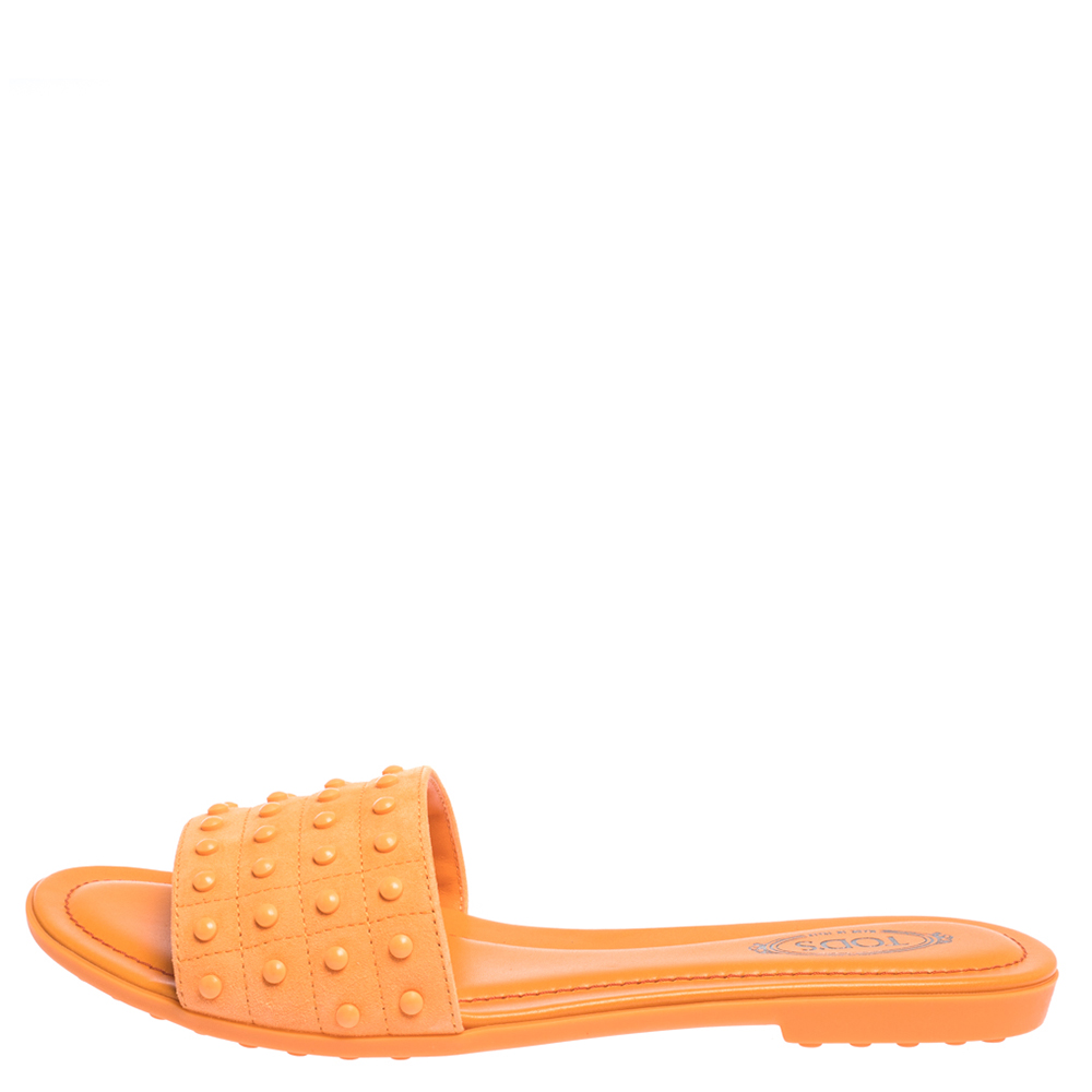 

Tod's Orange Nubuck Leather Flat Slides Size
