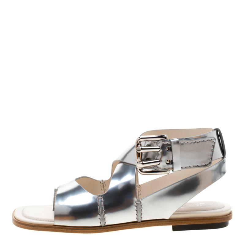 

Tod's Metallic Silver Leather Ankle Strap Flat Sandals Size