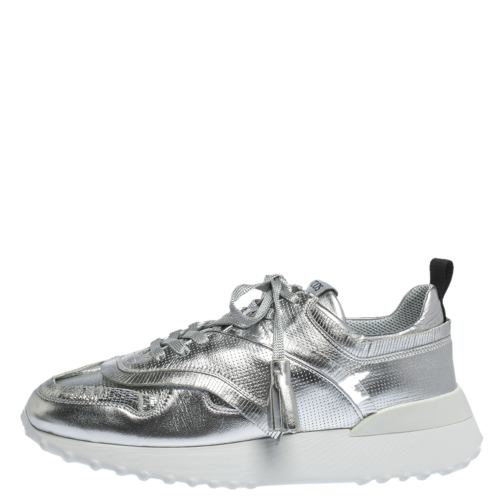

Tod's Metallic Sliver Perforated Leather Low Top Sneakers Size, Silver