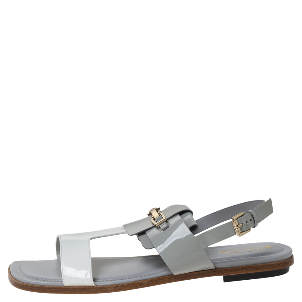 

Tod's Grey/White Patent Leather T-Strap Buckle Detail Flat Sandals Size