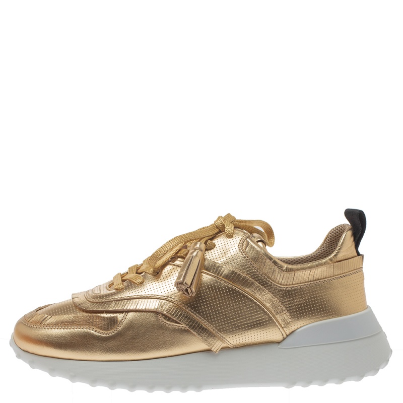 

Tod's Metallic Gold Perforated Leather Tassel Lace Low Top Sneakers Size