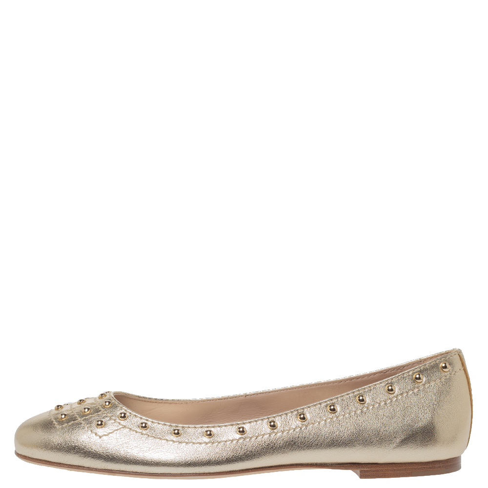 

Tod's Metallic Gold Leather Studded Ballet Flats Size