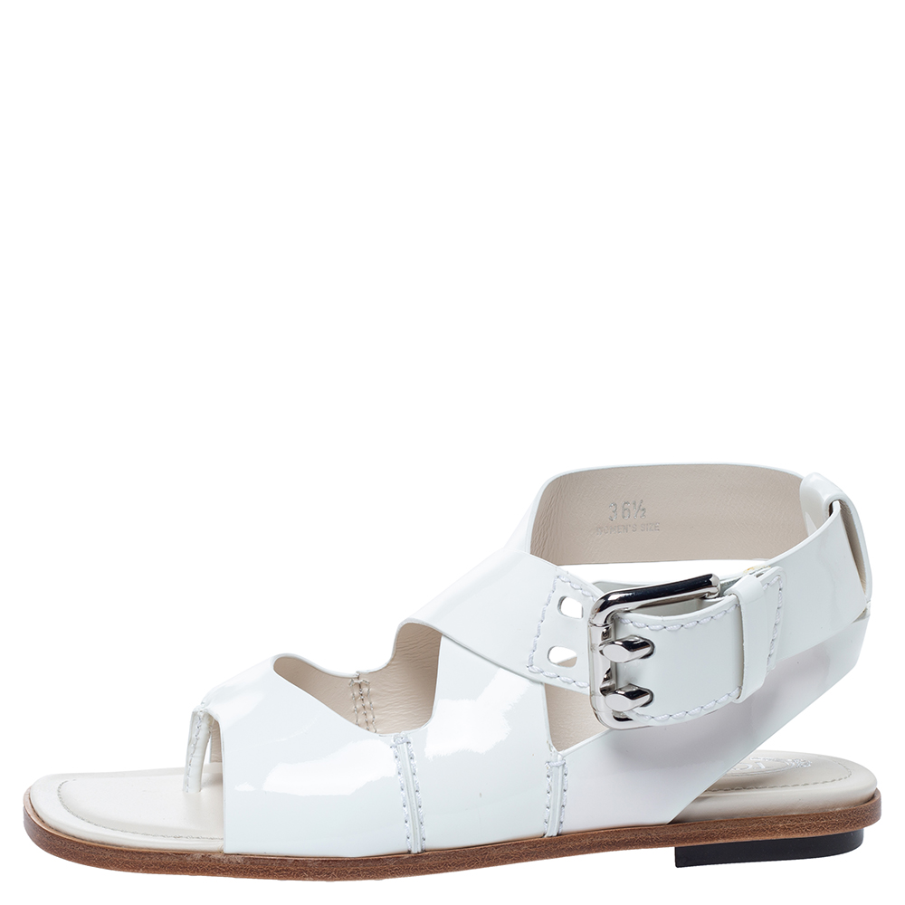 

Tod's White Patent Leather Cross Strap Flat Sandals Size