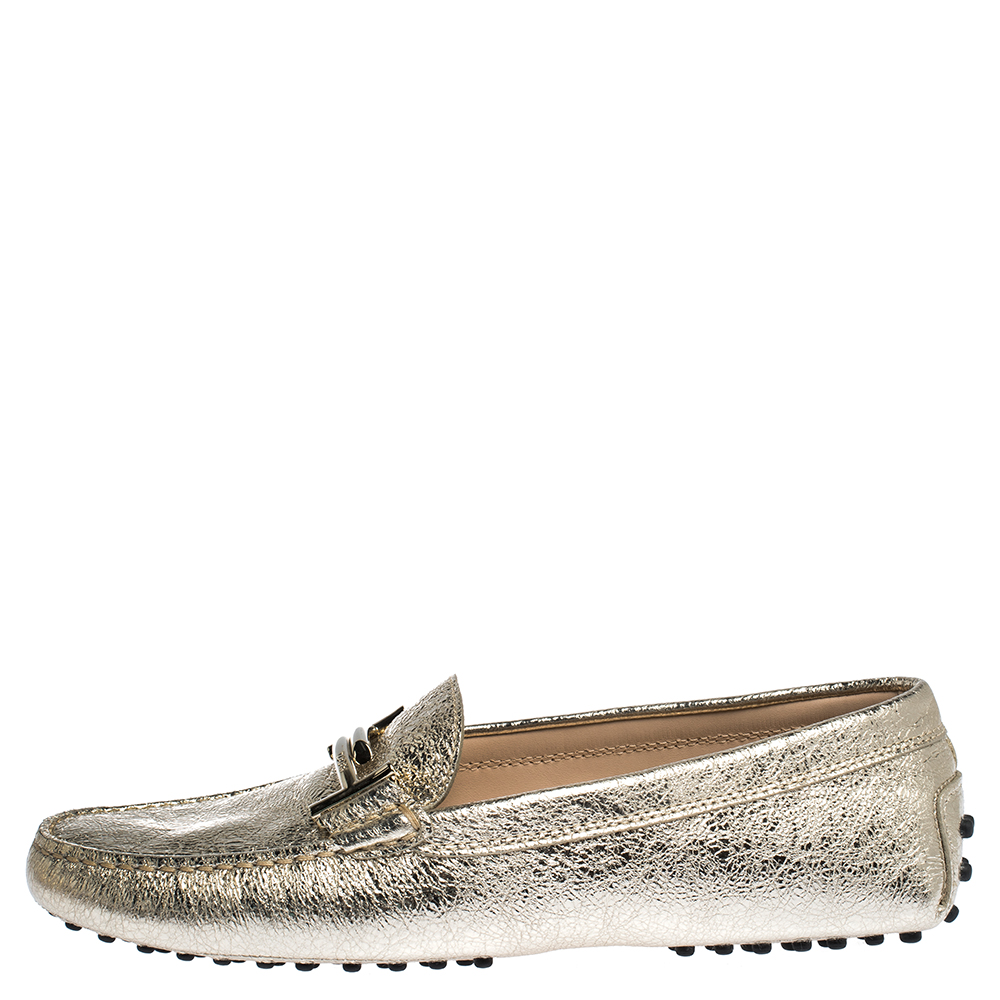 

Tod's Metallic Gold Leather Double T Slip On Loafers Size