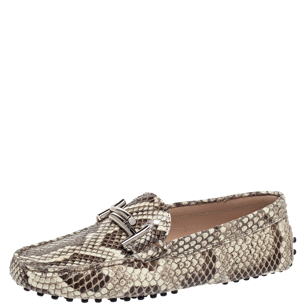 Tod's Two Tone Python Double T Metal Loafers Size 37.5