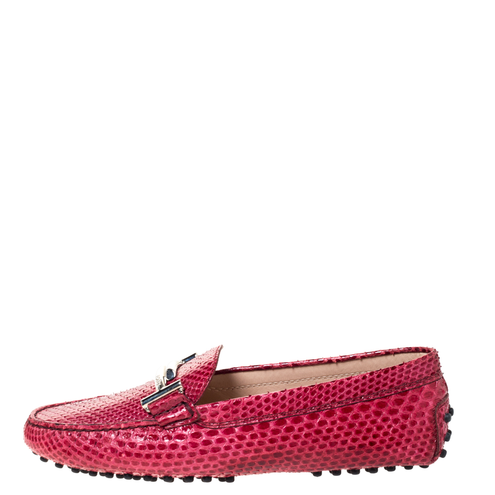 

Tod's Dark Pink Python Double T Slip On Loafers Size