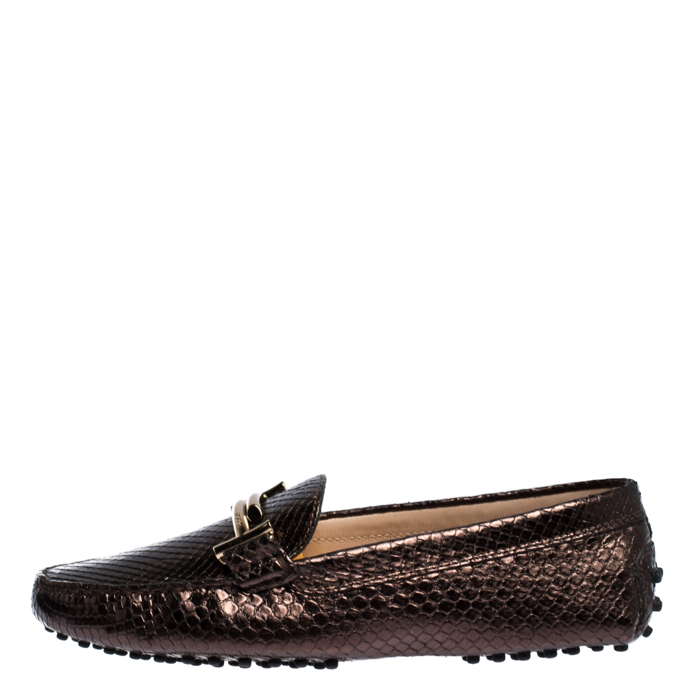 

Tod's Metallic Brown Python Leather Double T Loafers Size