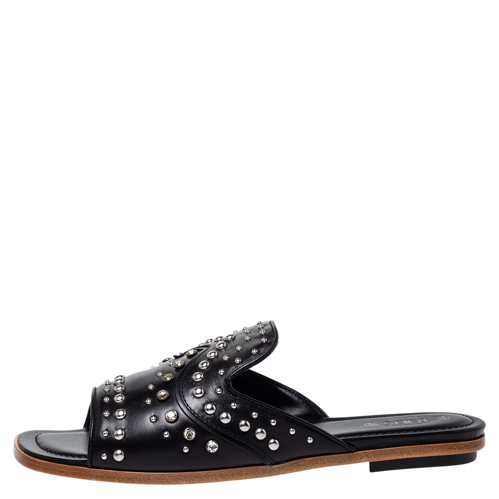 

Tod's Black Leather Crystal And Stud Embellished Flat Slides Size