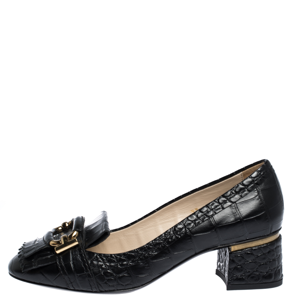 

Tods Black Croc Embossed Leather Fringed Buckle Pumps Size