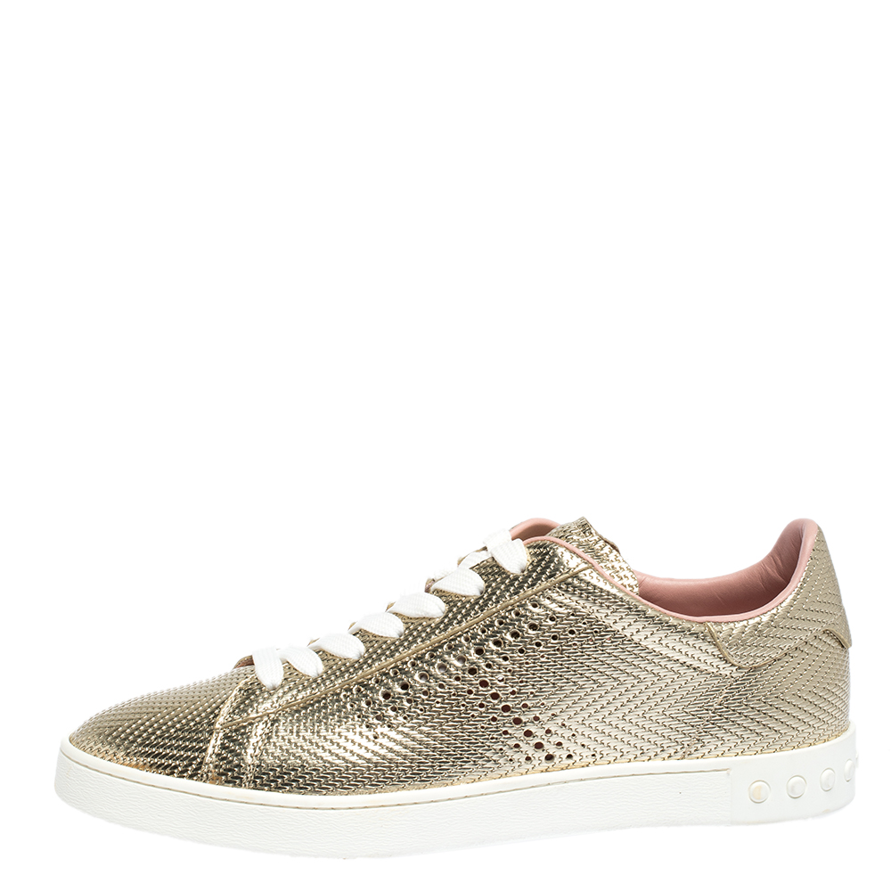 

Tod's Metallic Gold Woven And Perforated Leather Low Top Lace Up Sneakers Size