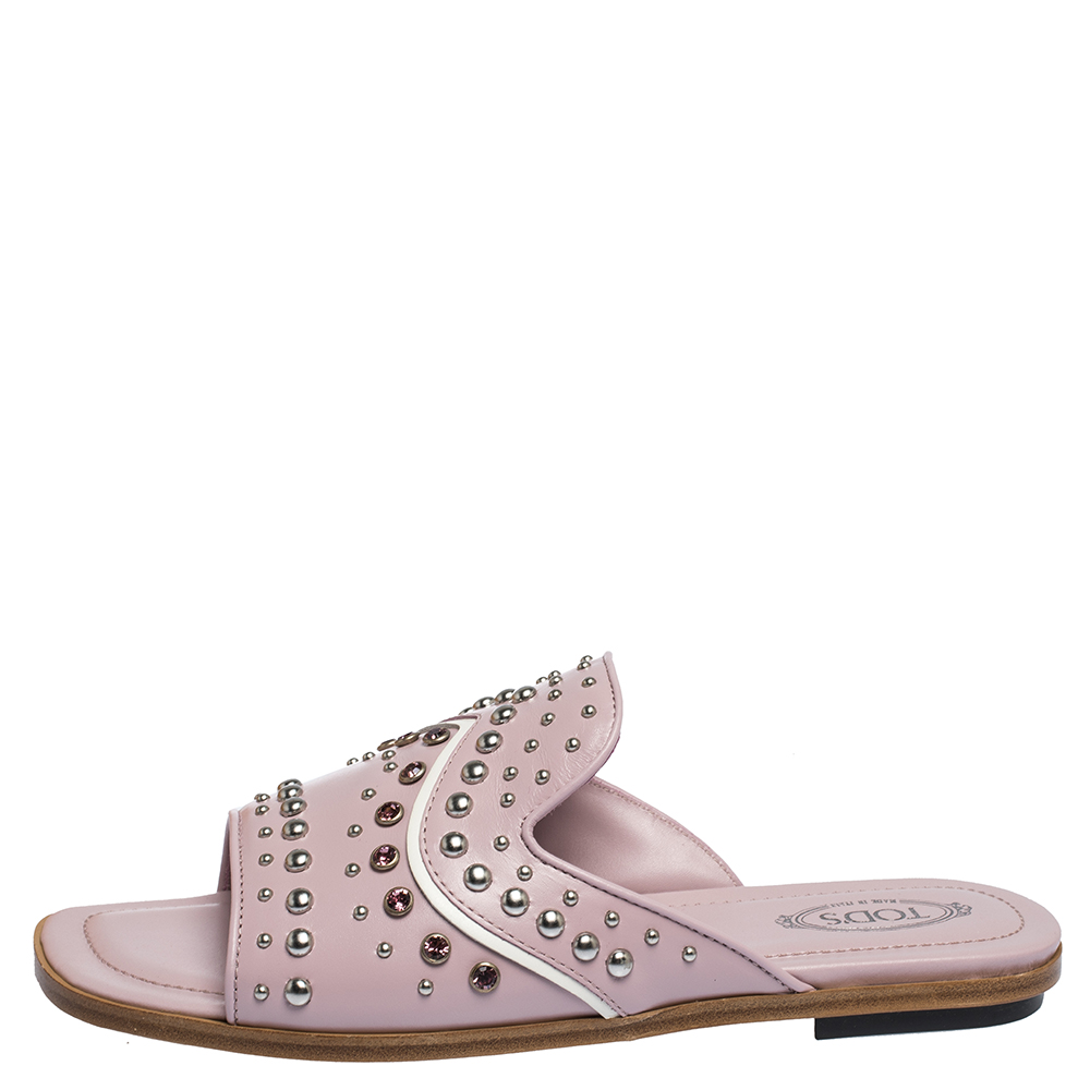 

Tod's Pink Leather Studded Flat Slides Size