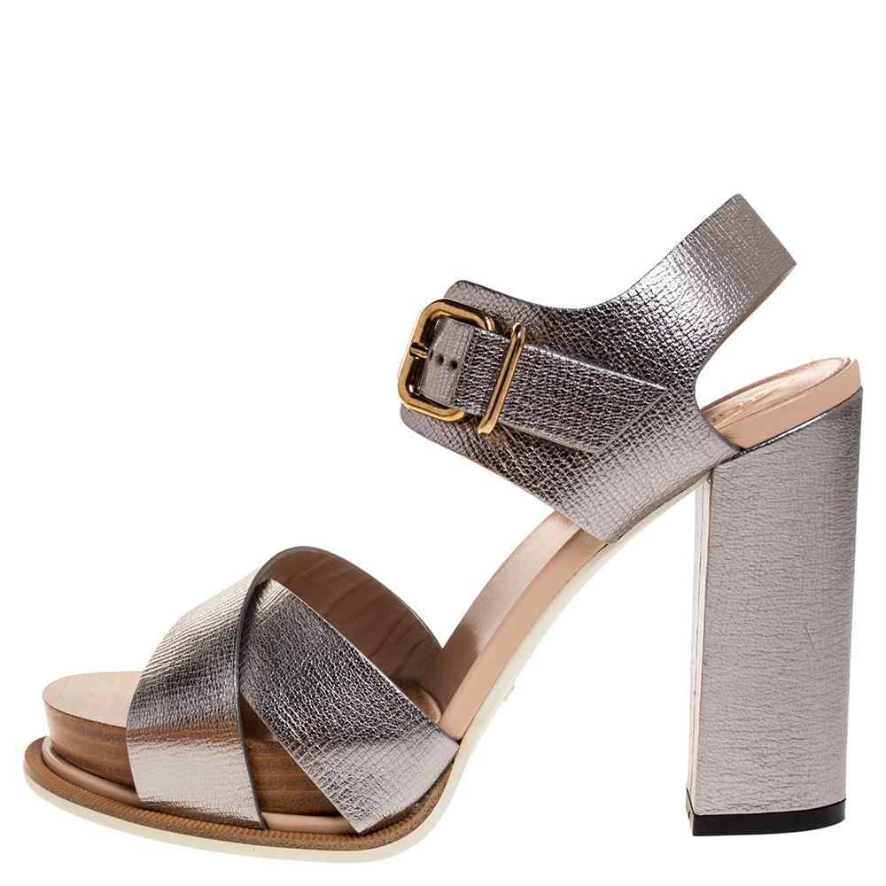 

Tod's Grey Leather Platform Ankle Strap Sandals Size