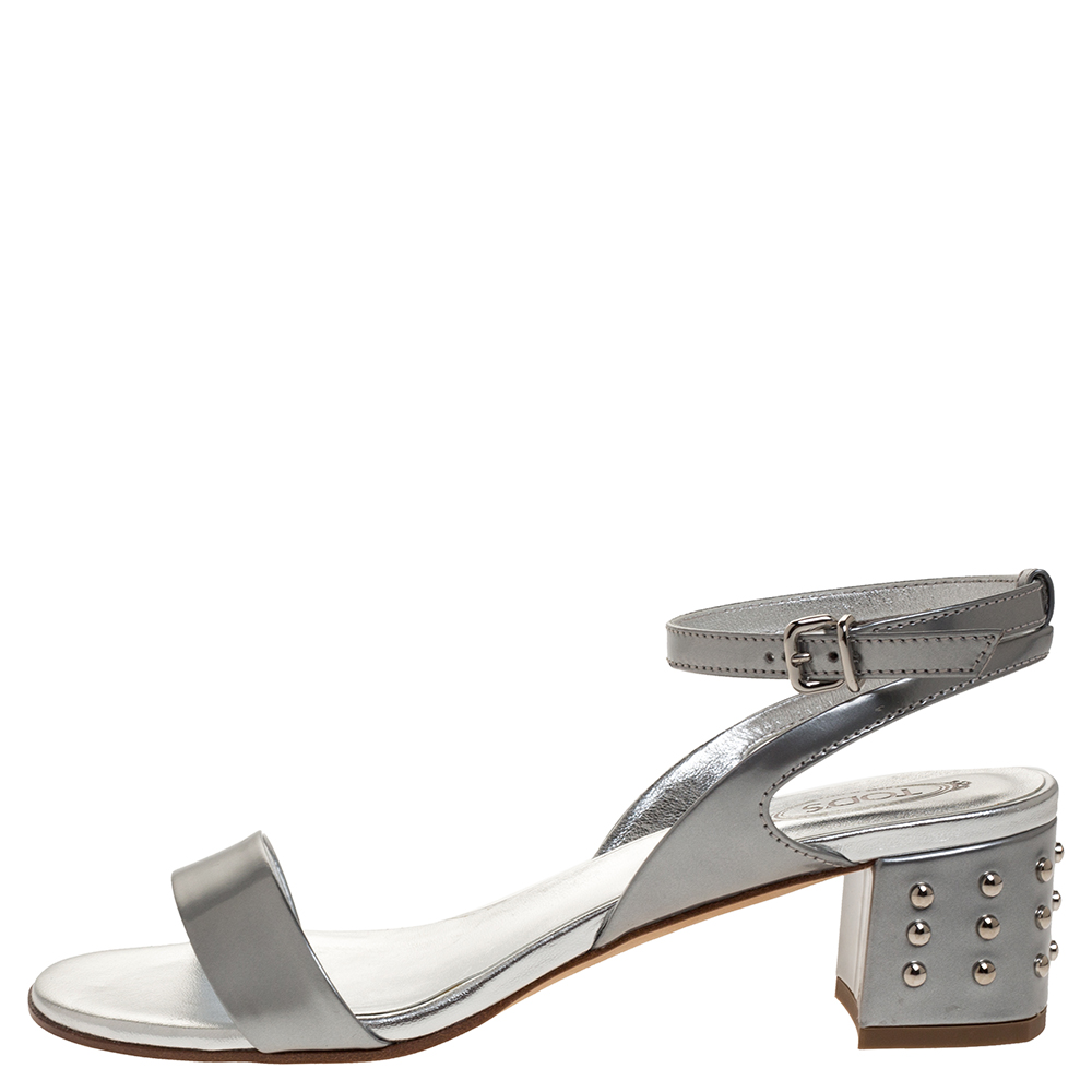 

Tod's Silver Leather Studded Heel Ankle Strap Sandals Size