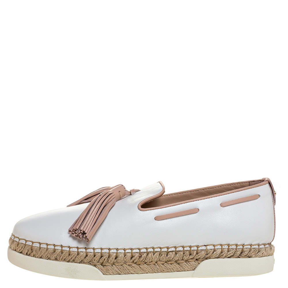

Tod's White Leather Tassel Detail Espadrille Loafers Size