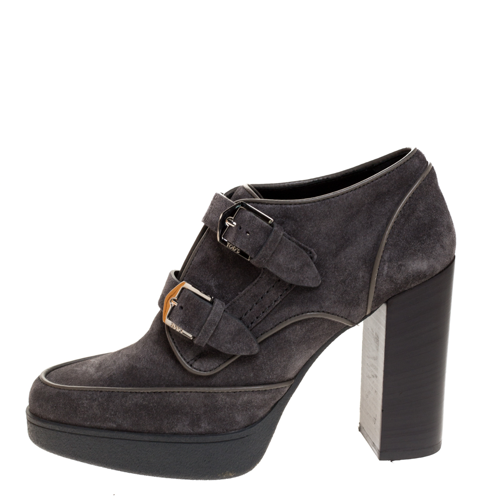 

Tod's Grey Suede Leather Platform Buckle Detail Ankle Booties Size