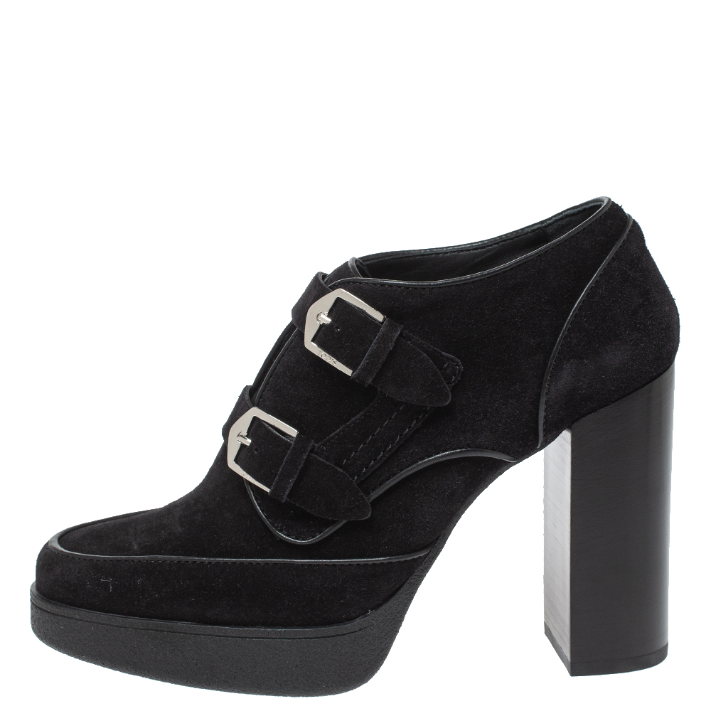

Tod's Black Suede Leather Buckle Detail Platform Booties Size