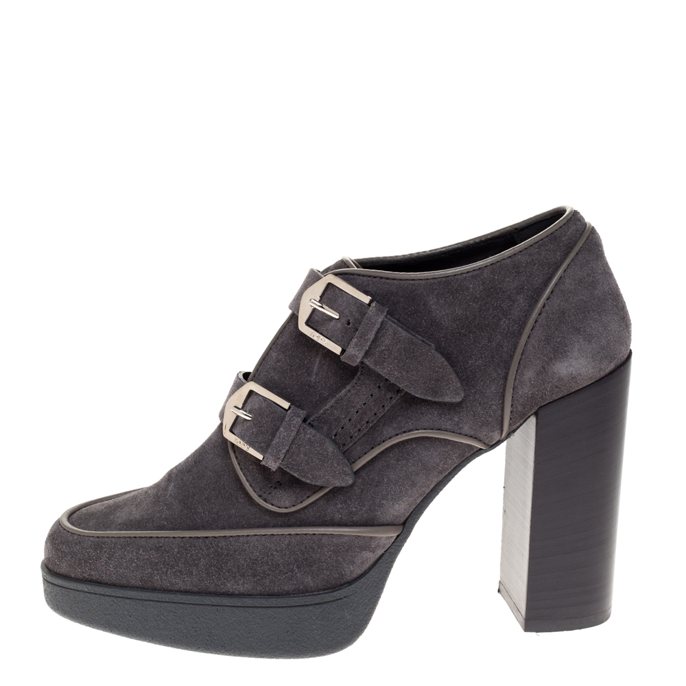 

Tod's Grey Suede Leather Buckle Block Heel Ankle Booties Size
