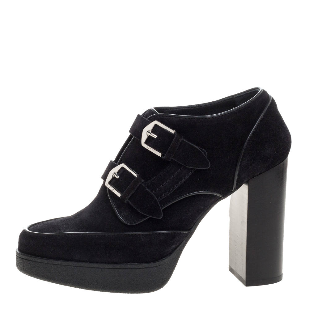 

Tod's Black Suede Leather Buckle Block Heel Ankle Booties Size