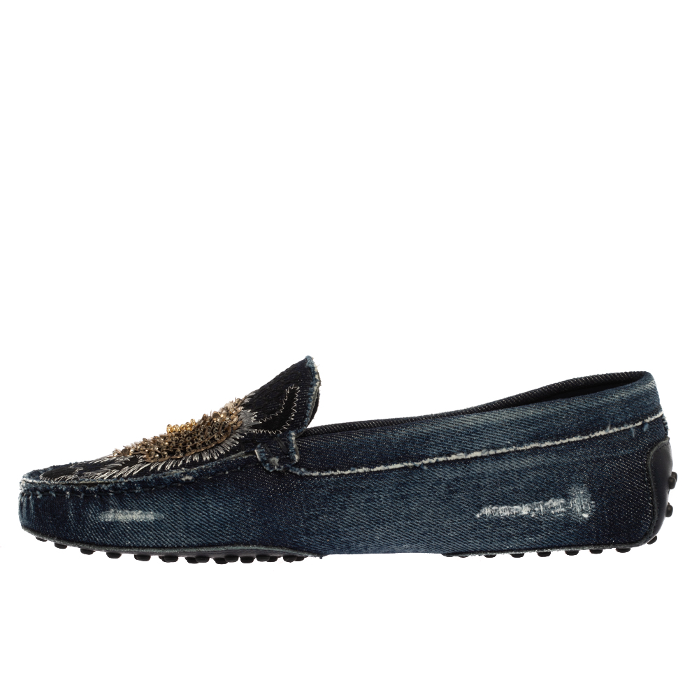 

Tod's Blue Denim Fabric Sequin Embellished Slip On Loafers Size