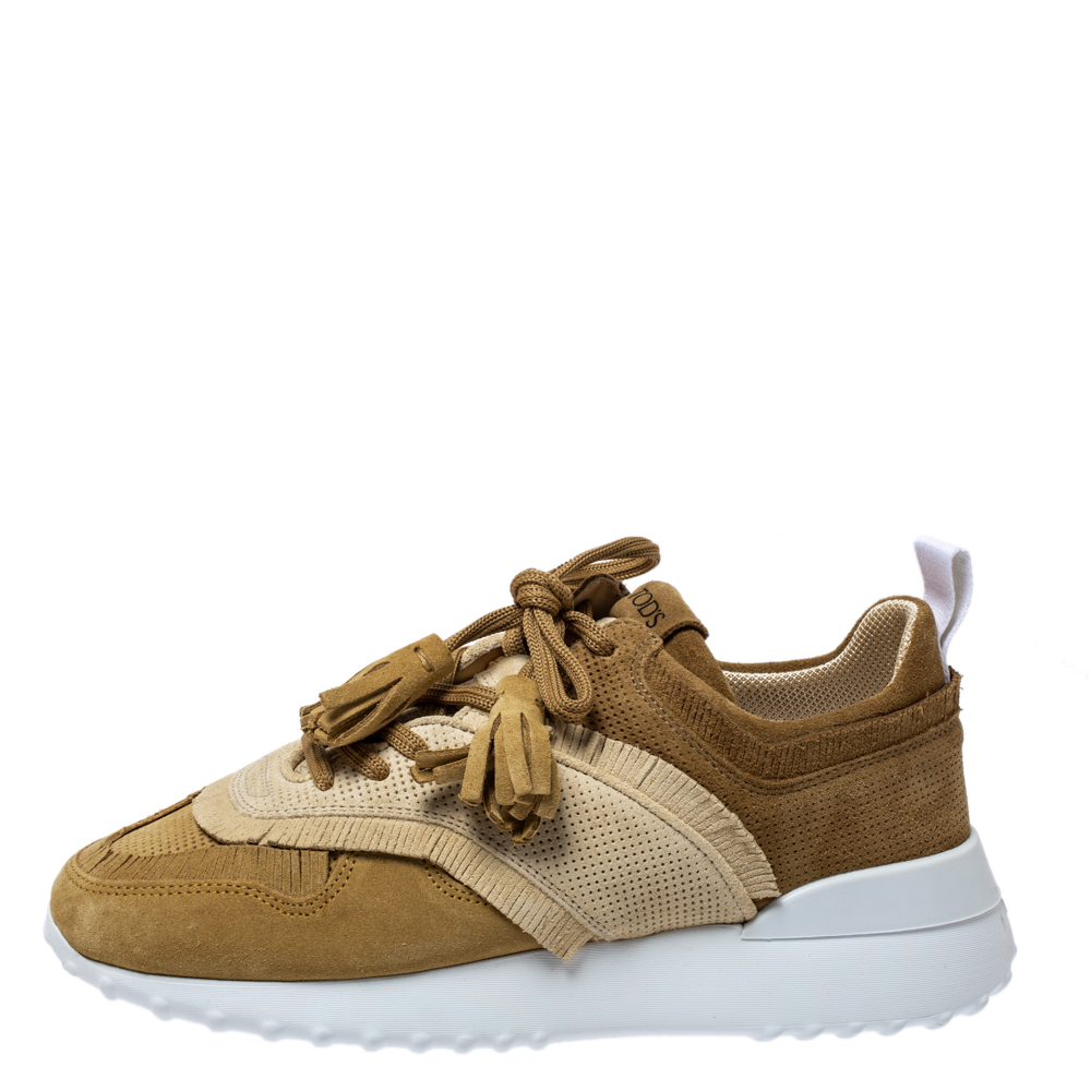 

Tod's Tricolor Suede Leather Tassel Fringe Low Top Sneakers Size, Brown