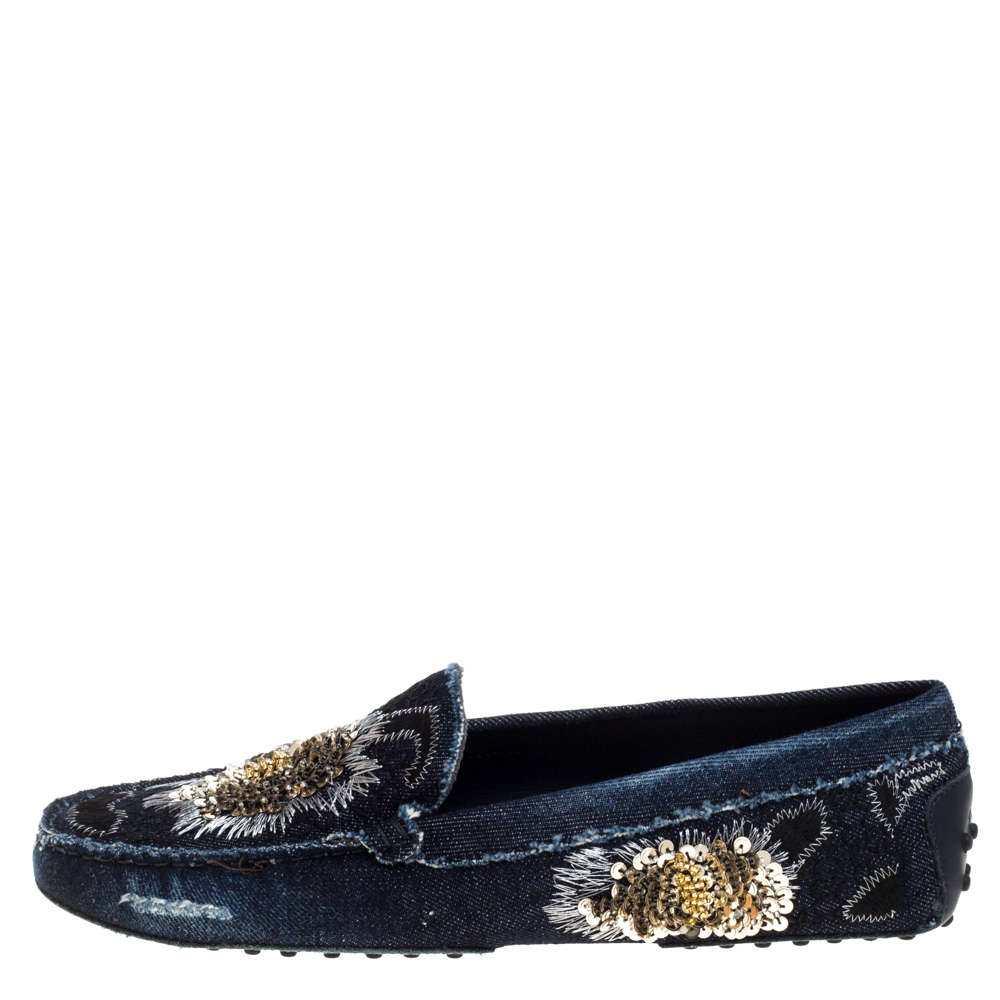 

Tod's Blue Denim Fabric Sequin Embellished Slip On Loafers Size