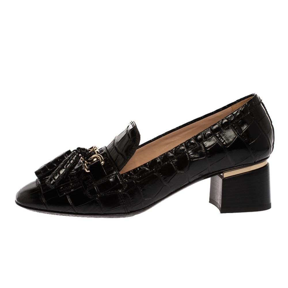 

Tod's Black Croc Embossed Leather Tassel Detail Loafer Pumps Size