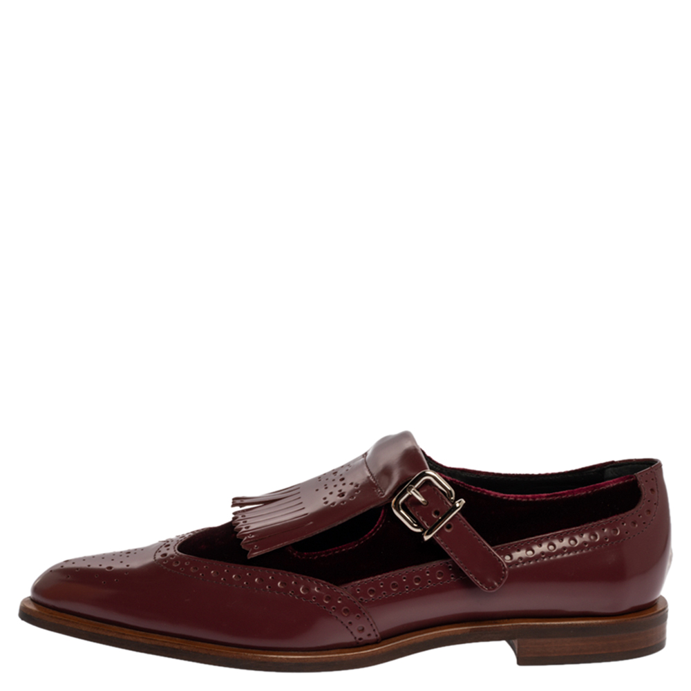 

Tod's Burgundy Brogue Leather and Velvet Fringed Monk Strap Oxfords Size