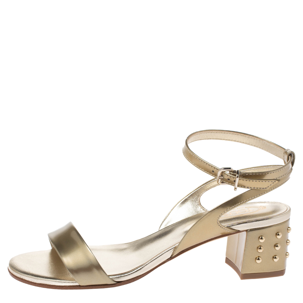 

Tod's Metallic Gold Patent Leather Studded Block Heel Ankle Strap Sandals Size