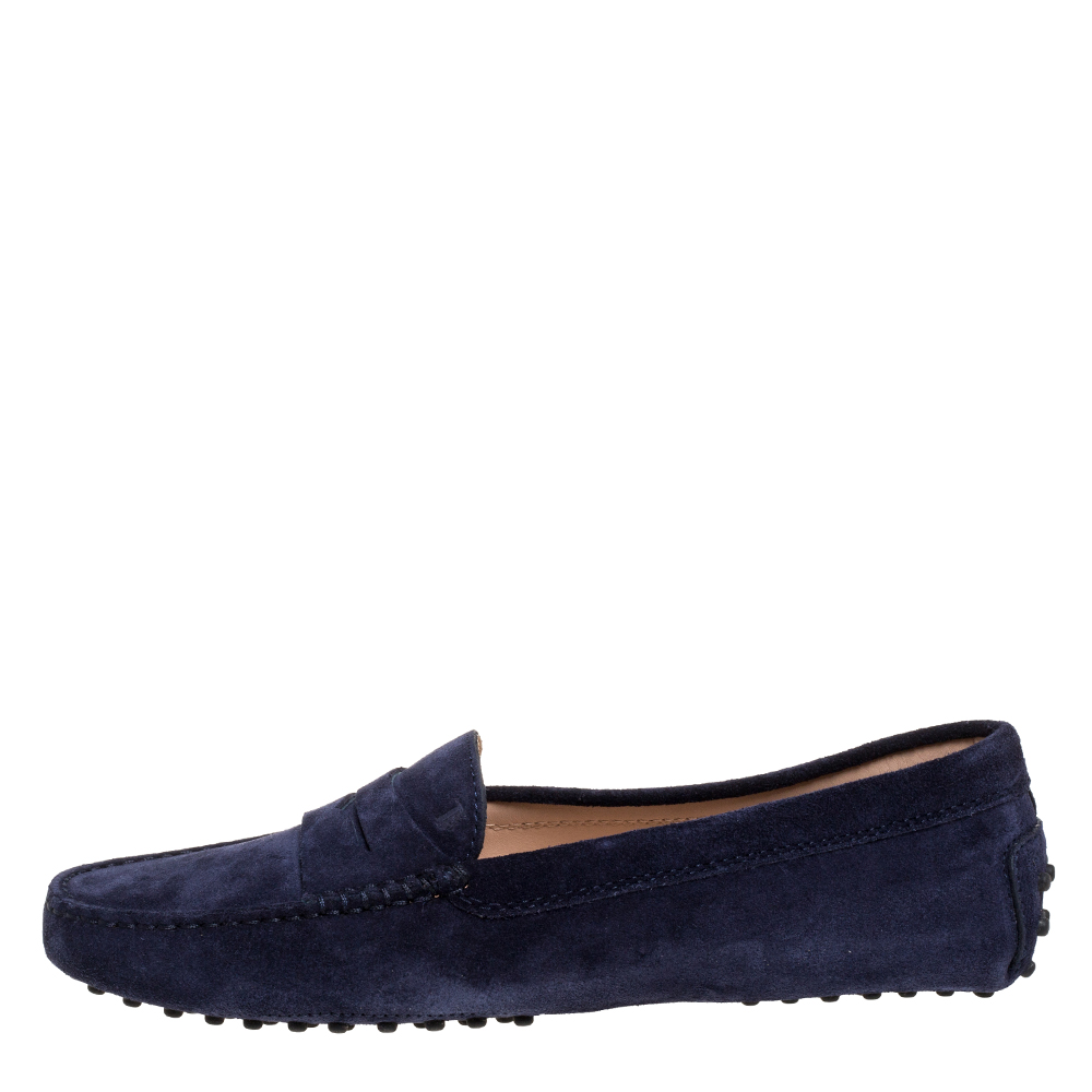 

Tod's Blue Suede Leather Penny Slip On Loafers Size